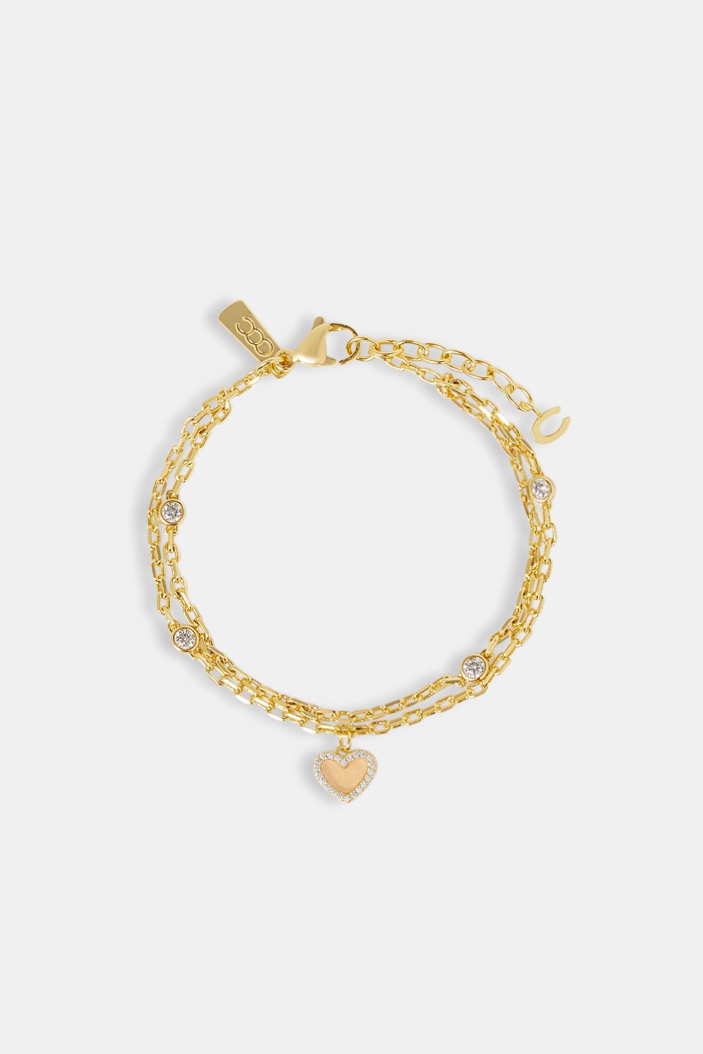 Double Layer Iced & Pink Agate Heart Rolo Bracelet - 8mm